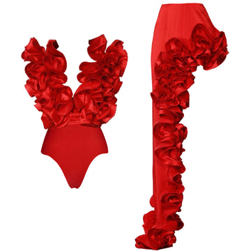 2024 Sexy Red 3D Ruffle Flower One Piece and Skirt set Swimwear beachwear Party Dress Clearance Wholesale