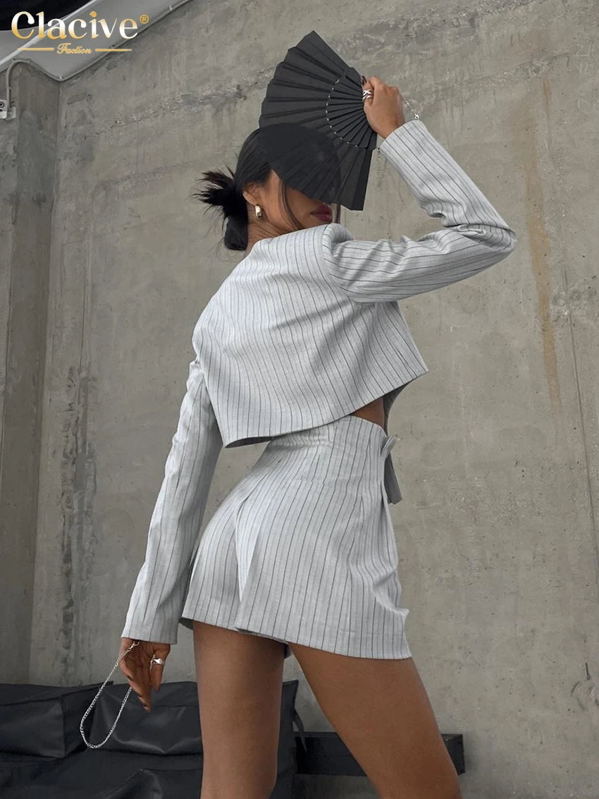 Clacive Fashion Stripe Print 2 Piece Sets Women Elegant Slim Long Sleeve Irregular Top With High Waist Shorts Set Streetwear