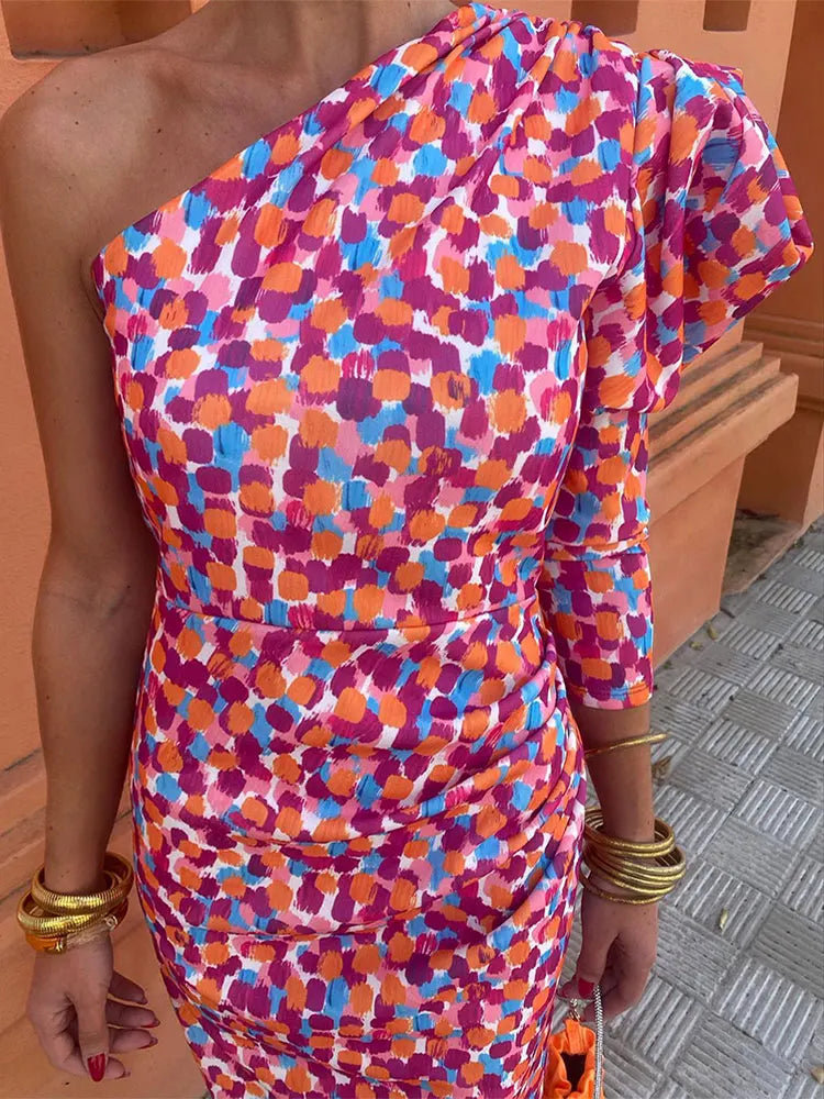 Women's Diagonal Shoulder Printed Maxi Dresses Fashion Asymmetric Long Puff Sleeve Dress 2024 New Lady Party Club Vestidos