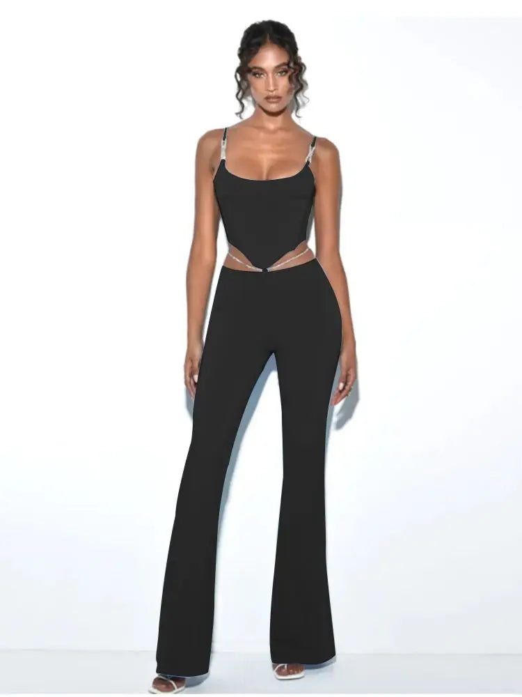 Shiny Chain Sling Sleeveless Cropped Top and Pants 2 Piece Set 2022 New Summer Women's Sexy Club Party Pants Set Outfits