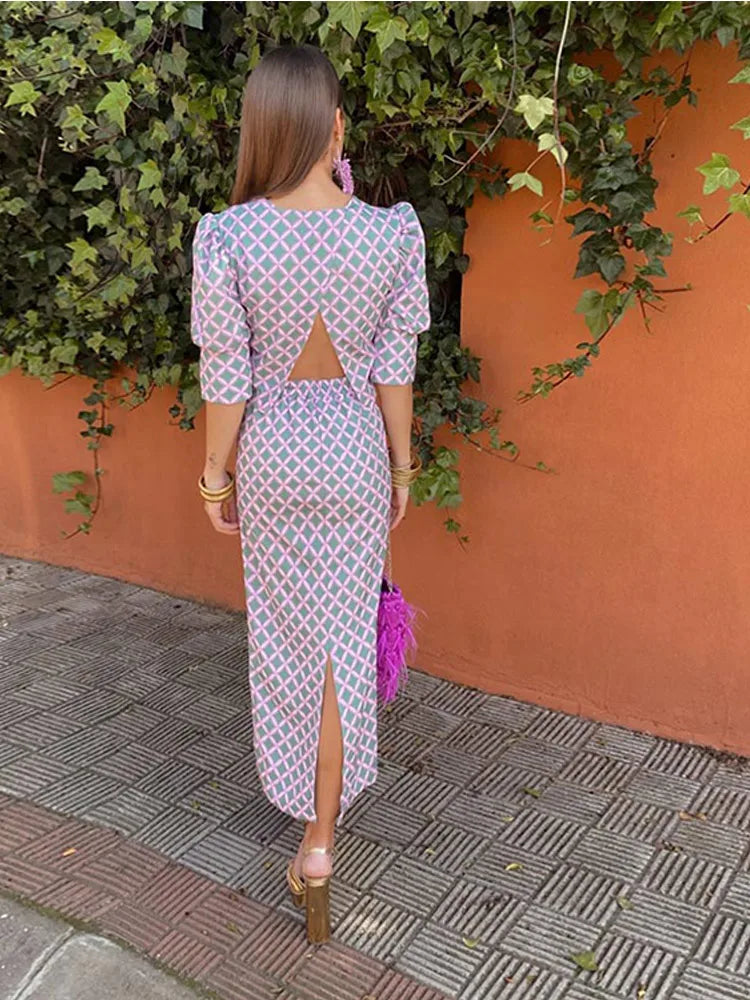 Women Plaid Printed Split Back Midi Skirt Set Fashion O-neck Long Sleeve Cropped Top Suit 2024 Lady Elegant Office Outfits