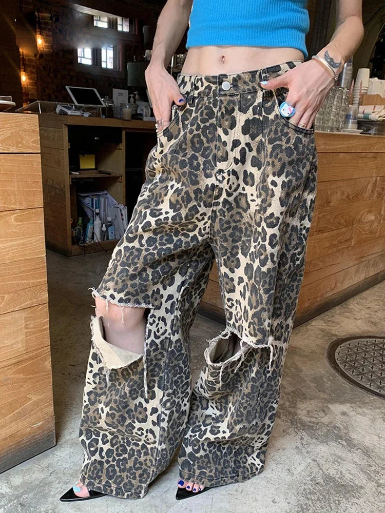 Ripped Hole Baggy Jeans for Women Wide Leg Denim Pants Leopard Print Fashion 2024 Streetwear Pants Oversized Straight Pants