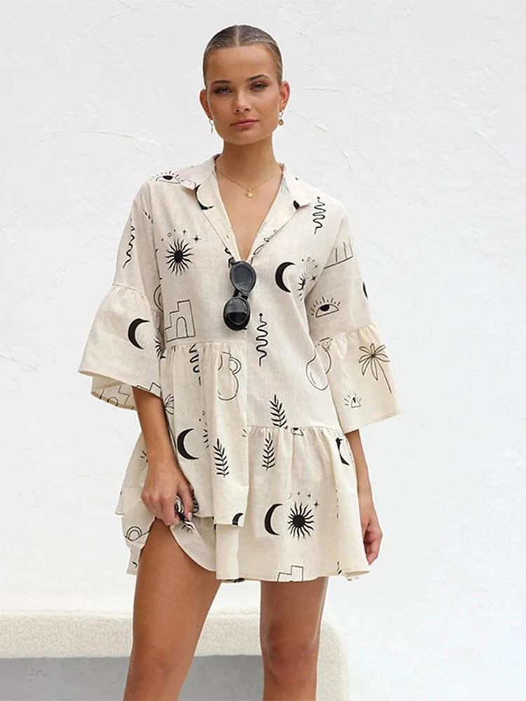Print Flare Sleeve Ruffled Mini Women's Dress Elegant Shirt Collar Button Vestidos Spring Casual Loose Beach Female Dresses