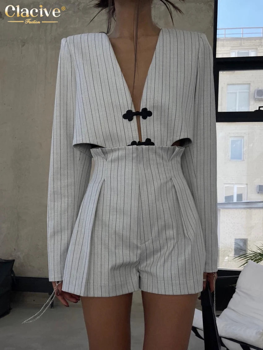 Clacive Fashion Stripe Print 2 Piece Sets Women Elegant Slim Long Sleeve Irregular Top With High Waist Shorts Set Streetwear