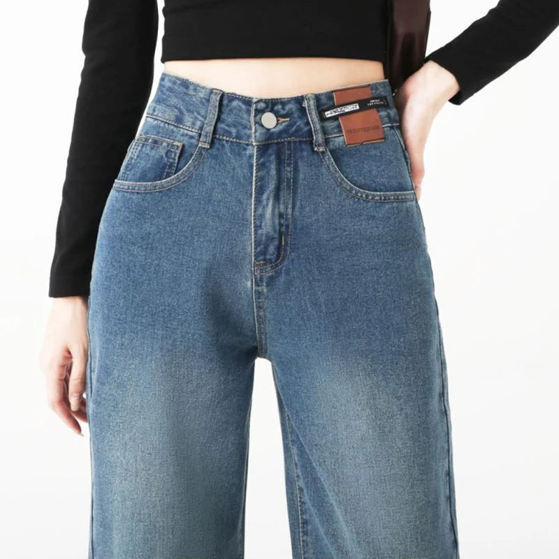 Plus Size XS-XL Wide Leg Women's Jeans High Waist Straight Loose Long Pants Female Blue Color Denim Pants Rework Spring Summer