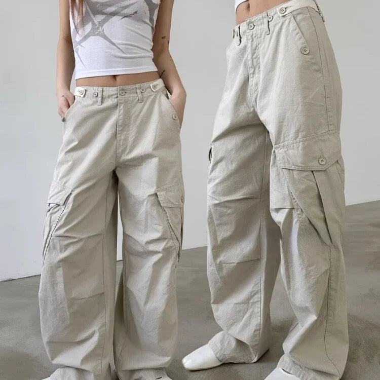 Multiple Pockets Straight Trousers Women 2024 Summer Loose Thin Cargo Pants Y2k Grunge High Waist Casual Wide Leg