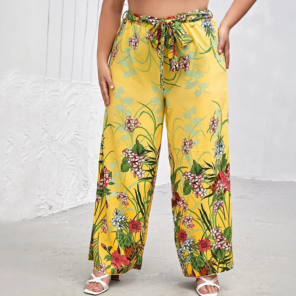 Plus Size Floral Print Summer Elegant Wide Leg Pants Elastic Waist Sashes Casual Yellow Boho Pants Trousers Large Size 6XL 7XL