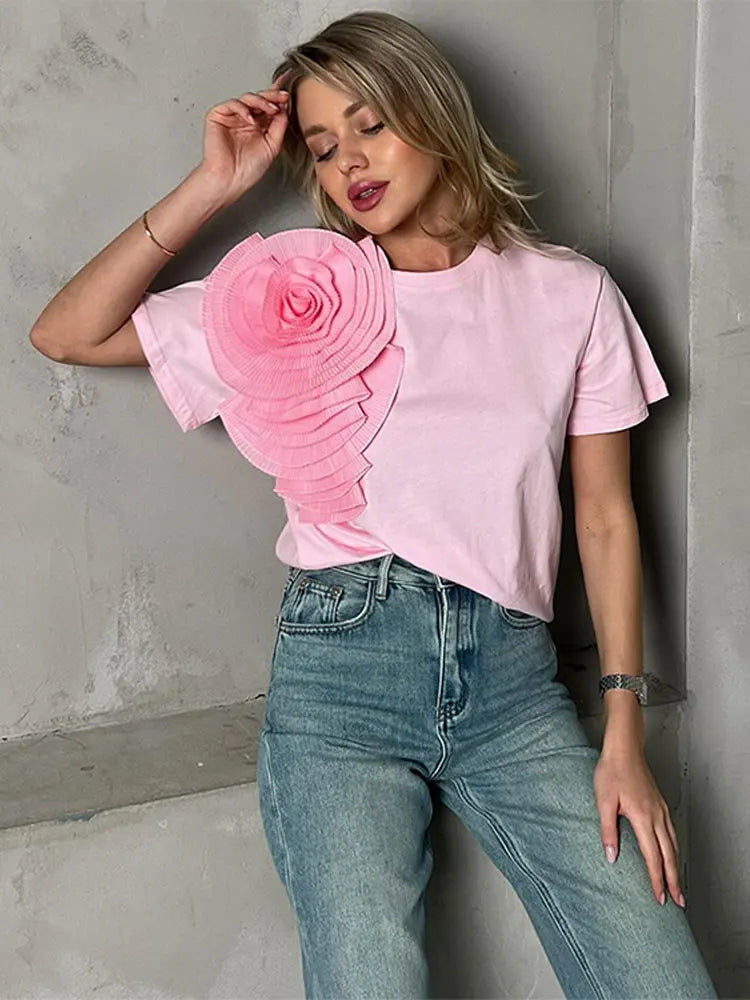 Elegant Lady 3D Pleated Flower Solid T Shirt Fashion Round Neck Short Sleeves Tops 2024 Spring Summer Casual Women Street Wear