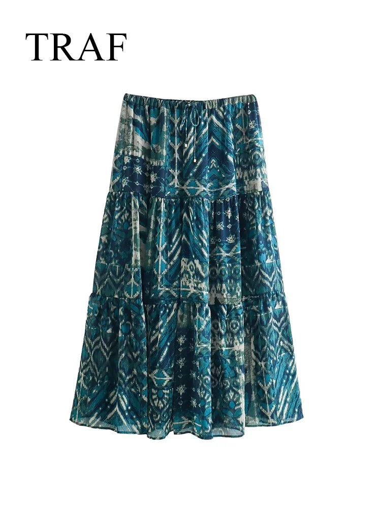 TRAF 2024 New Women Long Skirt Set Casual Long Sleeve Print Shirts + High Waist Slim Ankle-Length Skirts Set