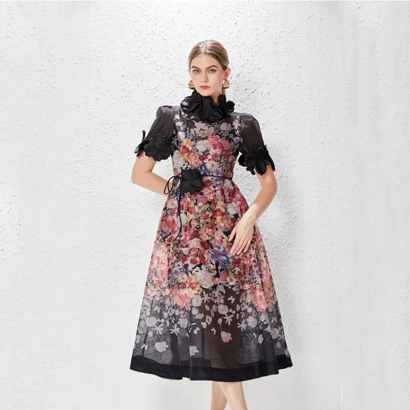 Holiday dress 2024 Spring Summer Printed Standing Collar Vestido Midi Vintage Para High End Holiday Dress Lace Women