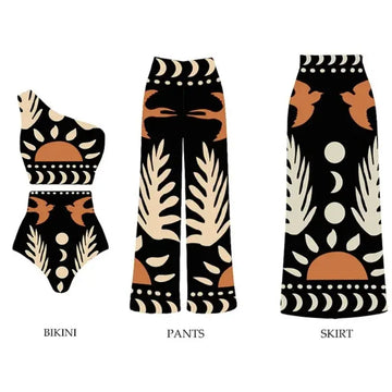 2024 V Neck Cut Out Printed bikini set Women's Swimwear One Piece and Pants Beachwear tankini Bodysuit Skirt Dress