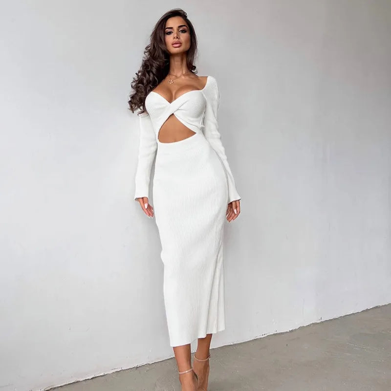 Autumn New Hot White Long-sleeved O-neck Chest-wrapped Hollow High Waist Slim Dress Crop Top Elegant Knee Skirt Rib Fabric Dress