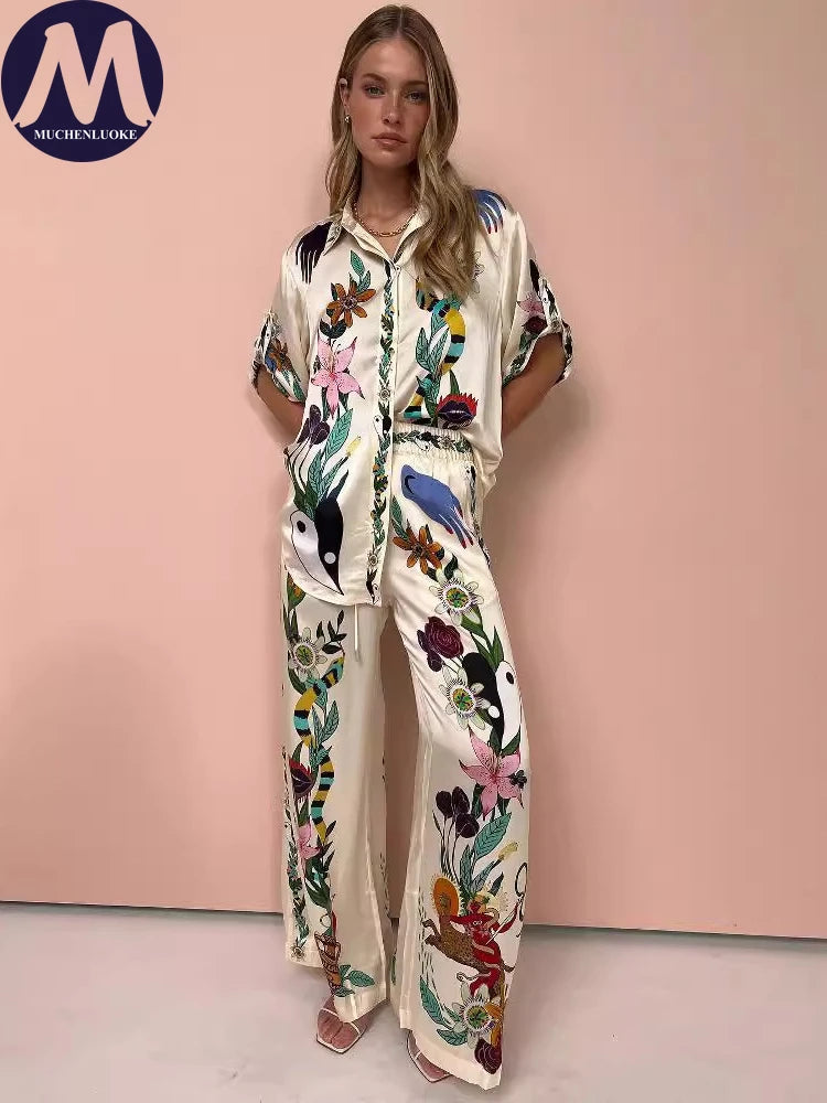2 Piece Sets Women Outfit Summer New Bohemian Style Printing Half Sleeve Shirt Suits Fashionable Casual Loose Wide Leg Pant Set