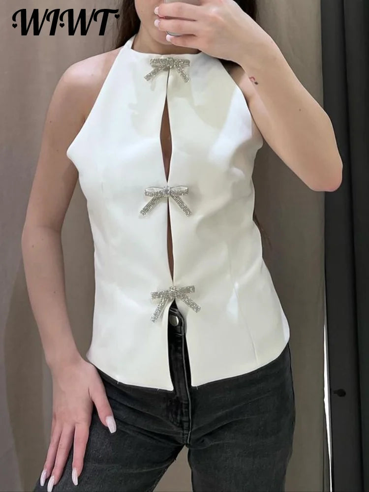 Elegant Rhinestones Bow Halter Vest Women Sleeveless Backless Hollow Out Lace Up Female Tops 2024 Summer Fashion Lady Sling Top