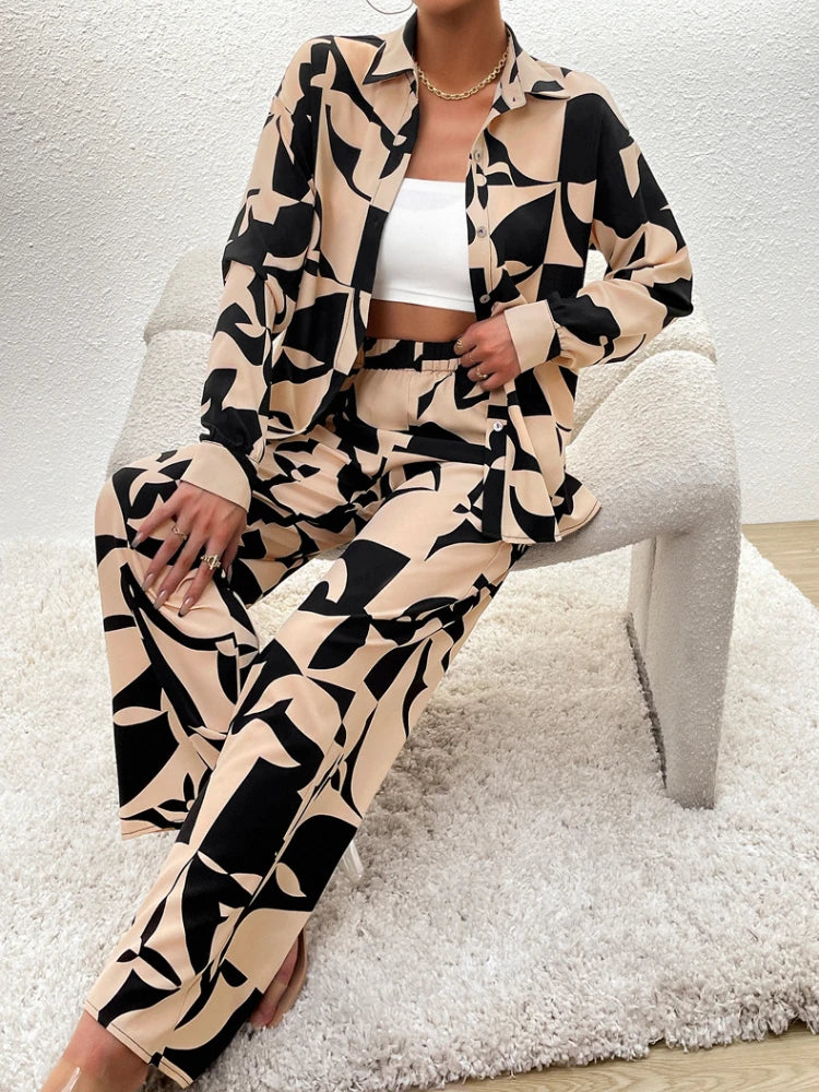 2 Piece Sets Women Outfit New in Spring Summer Fashion Women Tops Elegant Commuting Printed Button Pants Set Women's Clothing