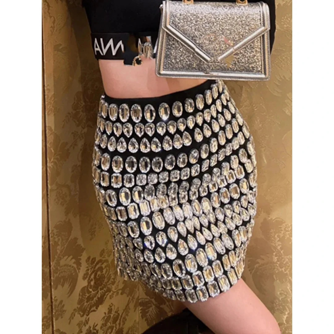 Women Celebrity Beading Rhinestone Black Mini Bodycon Bandage Skirt 2024 Designer High Waist Party Office Lady Elegant Skirt