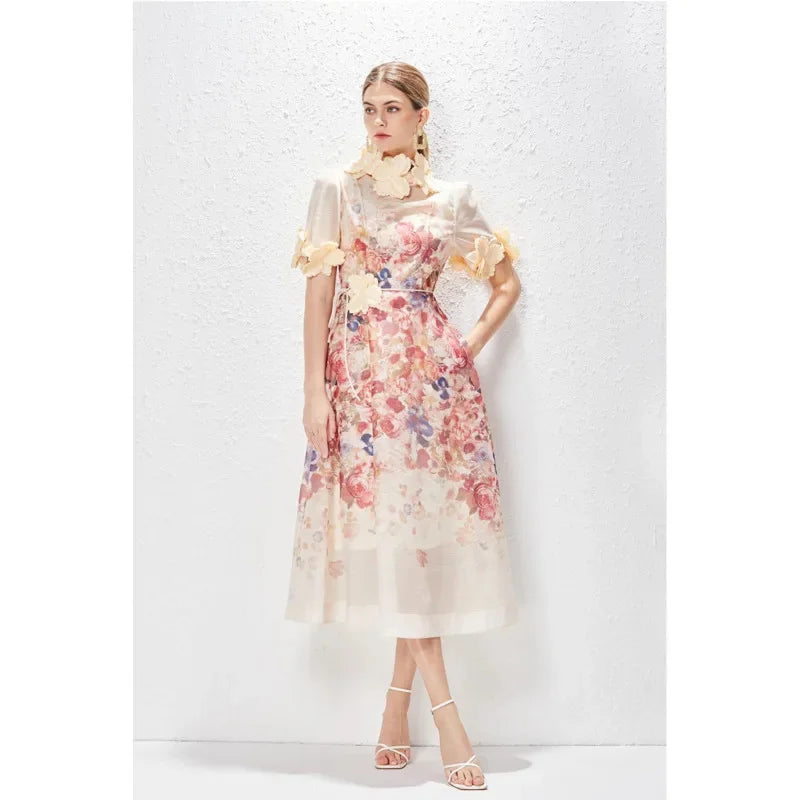 Holiday dress 2024 Spring Summer Printed Standing Collar Vestido Midi Vintage Para High End Holiday Dress Lace Women