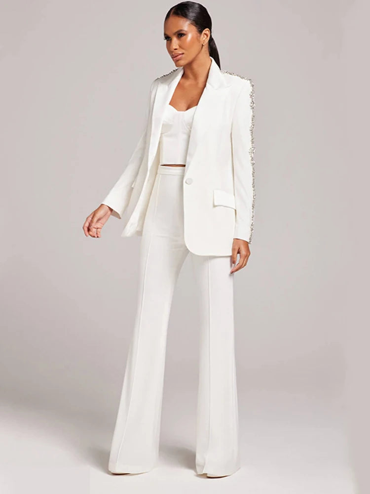HIGH STREET Newest 2024 Runway Designer Suit Set Women's Career Style Single Diamonds Beaded Blazer Flare Pants Suit