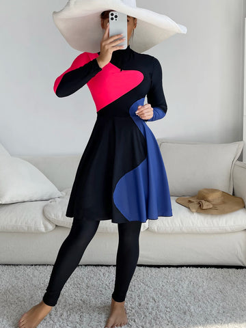 Modest Swimwear for Muslim Women New Burkini 2pcs All Cover Swimsuits Long Dress and Long Panty Blue and Red Patchwork Burkini