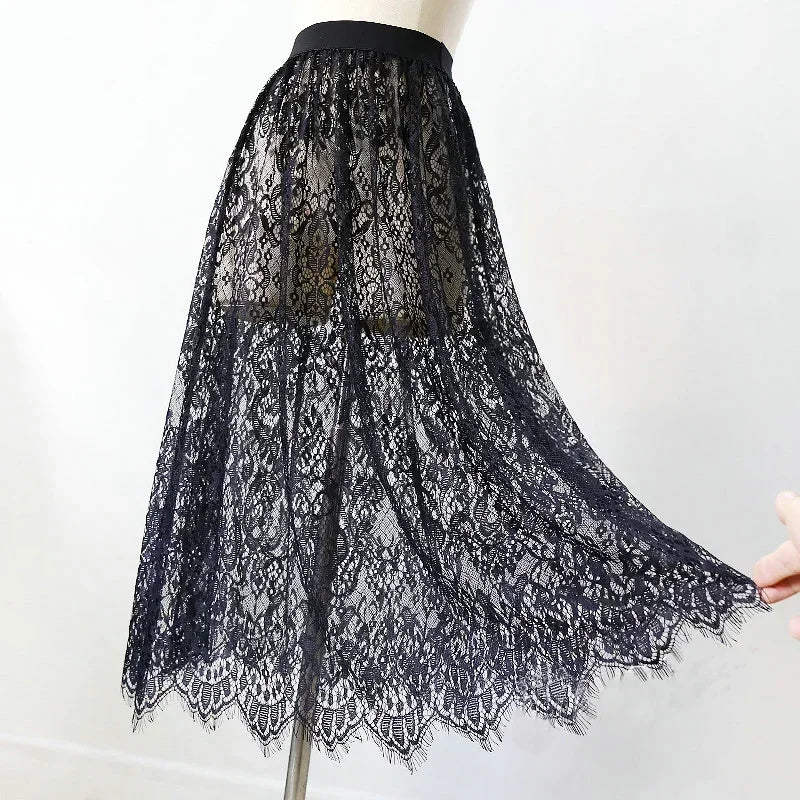 2 Length Elegant Black Skirt White Lace Transparent Long Tulle Skirt Ladies Elastic High Waist Beach Midi Skirt Drop shipping
