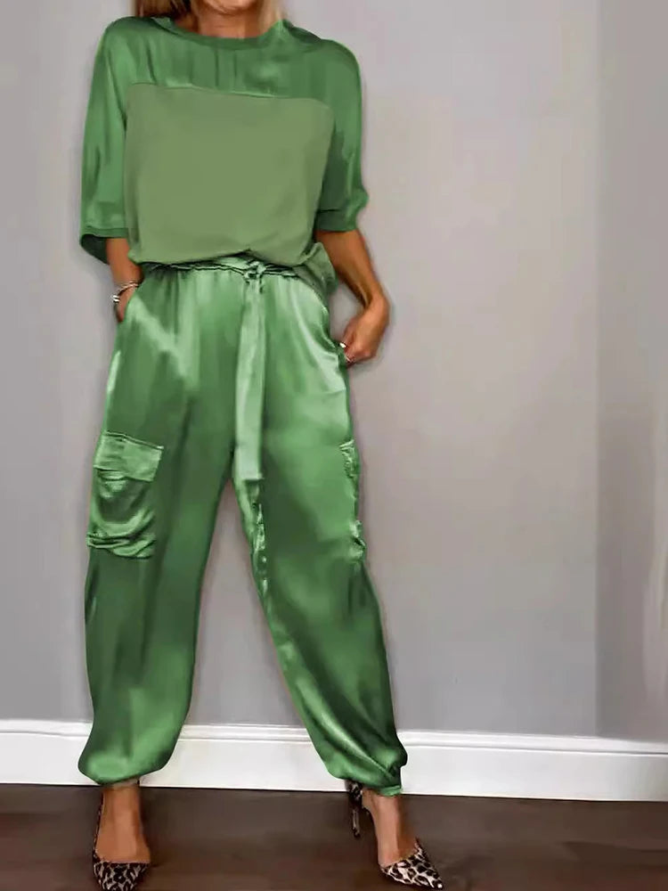Fashion Solid Color Satin Two Piece Set Women Round Neck 2024 New Spring Summer Top Long Pants Casual Loose Two Piece Set