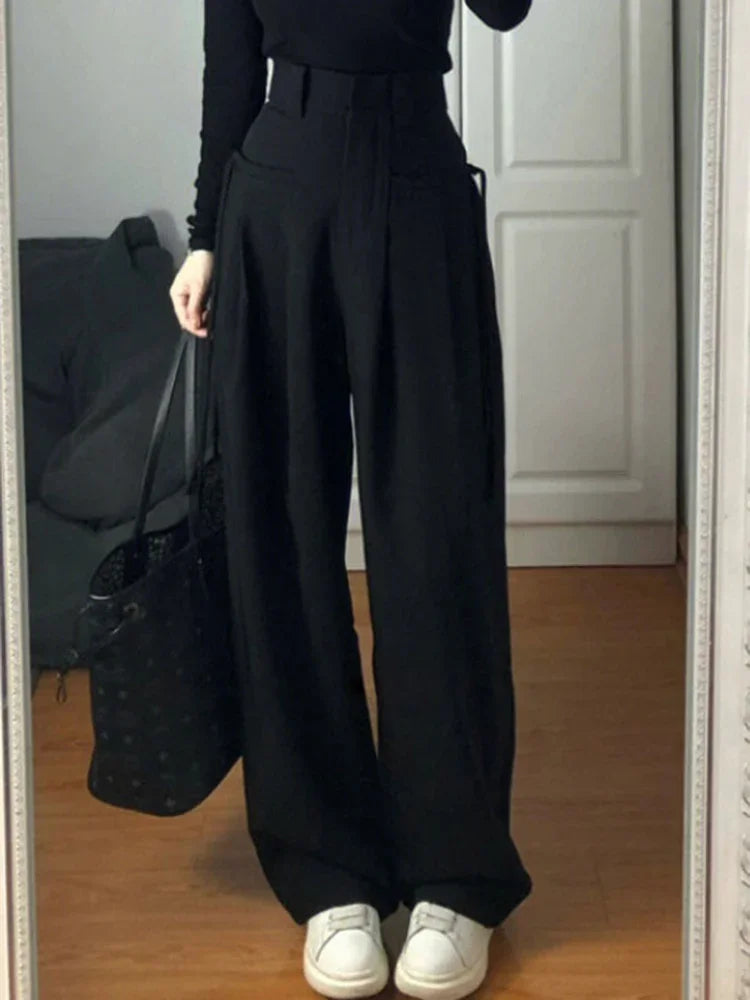 New Fashion Simple High-waisted Wide-leg Female Suit Pants American Full-length Black Casual Straight Solid Color Women's Pants