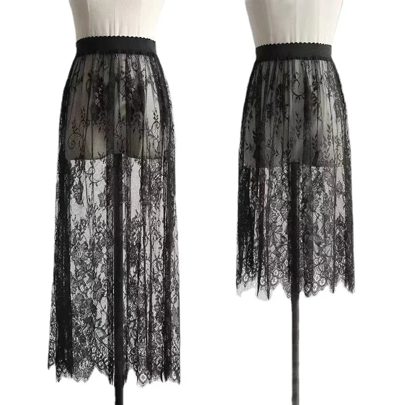 2 Length Elegant Black Skirt White Lace Transparent Long Tulle Skirt Ladies Elastic High Waist Beach Midi Skirt Drop shipping