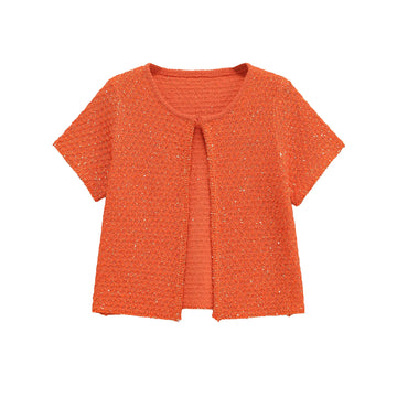 TRAFSHE Women's Fashion Summer Orange Knitwear Short Sleeve O-Neck One Button Sweater Top Knit Sequins Cardigan Women 9598092