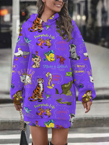 Women's hooded pullover sweatshirt fashion loose autumn and winter hoodie Disney chic retro print long-sleeved dress