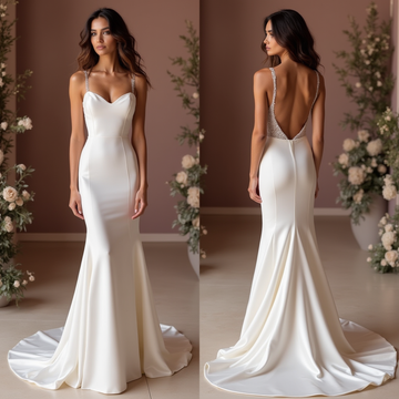 Elegant Satin Wedding Dress with Beaded Straps and Open Back