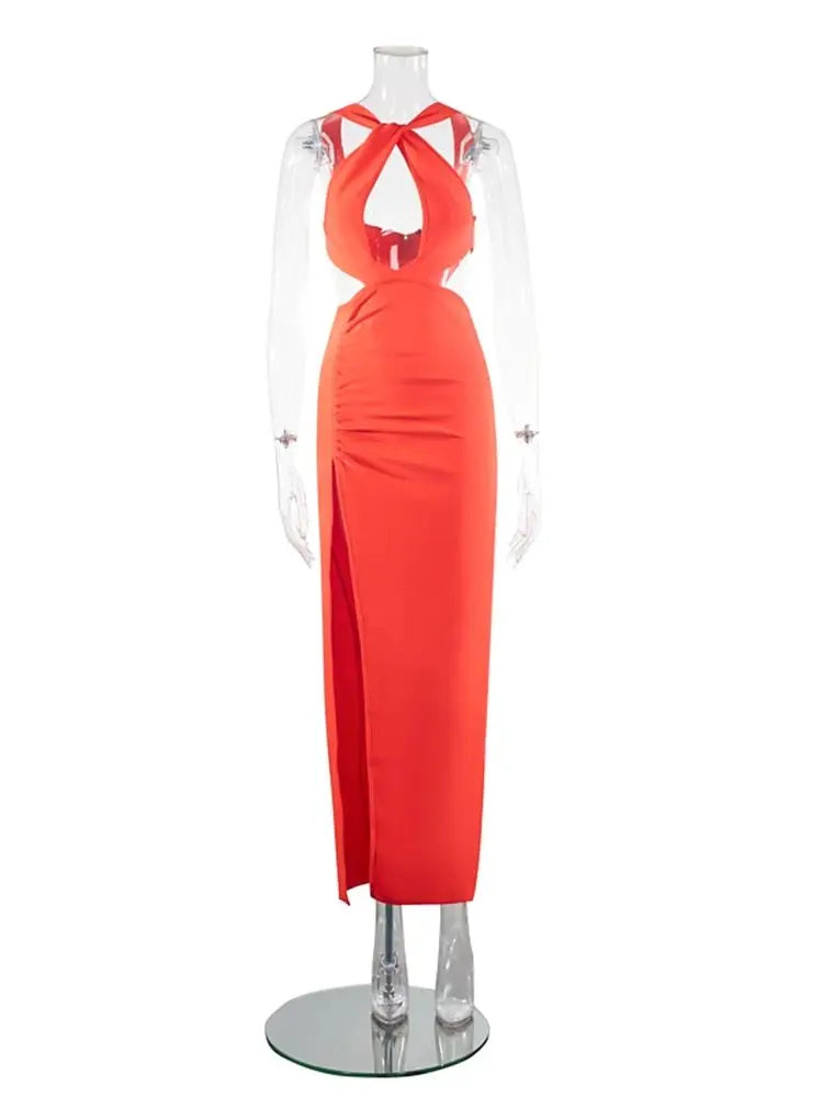 Ailigou 2024 neuer Sommer Frauen Red Sexy ärmellose offener Rücken hohl Hochsplitische Verbandkleid elegantes Promi -Partykleid