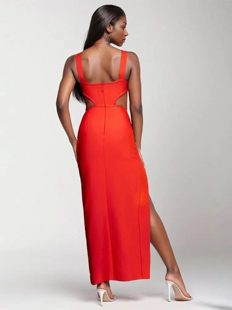 Ailigou 2024 New Summer Women's Red Sexy Sleeveless Open Back Hollow High Split Bandage Dress Elegant Celebrity Party Dress