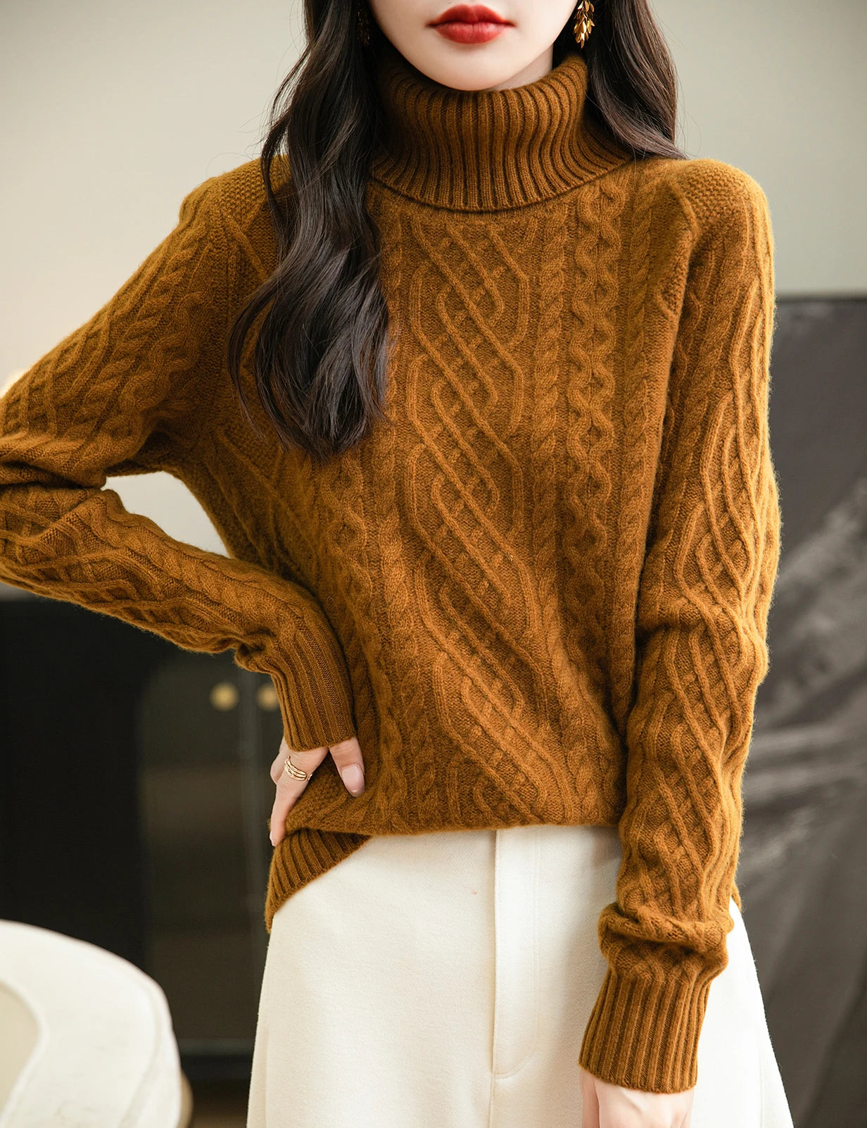 Women's 100% Merino Wool Sweater 2024 Fall Winter Turtleneck Vintage Warm Soft Long Sleeve Cable Knit Sweater for Women Knitwear