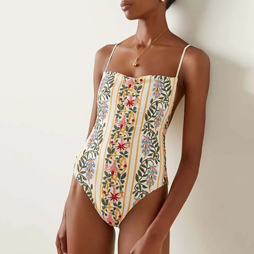 Moda Floral One Piece Swimsuit Beach Dress Feminino Swimwear 2024 Trend String Strap Sexy Bikini Womenwear Women Swims