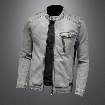 Men Moto Biker Streetwear Denim Jackets Men Vintage Grey Bomber Jacket Outwear Male Casual Cotton Stand Collar Denim Coats