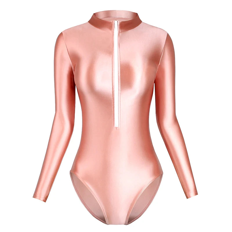 Satin brillante traje de cuerpo sexy para mujeres japonesas con cremallera delantera manga larga apretada de color tímido de una pie