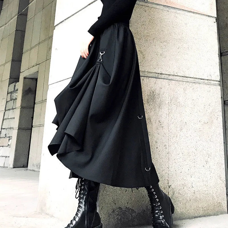 Plus size harajuku punk estilo saias mulheres altas cintura fivela irregular saia gótica Black Hip Hop Streetwear livremente ajustável