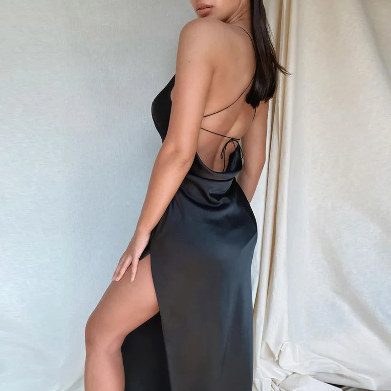 Hirigin Mulheres Vestido de verão Cetim Spaghetti Strap Dress Split Dress Long Dress Backless Draped Bodycon Party Beach Dress Sexy