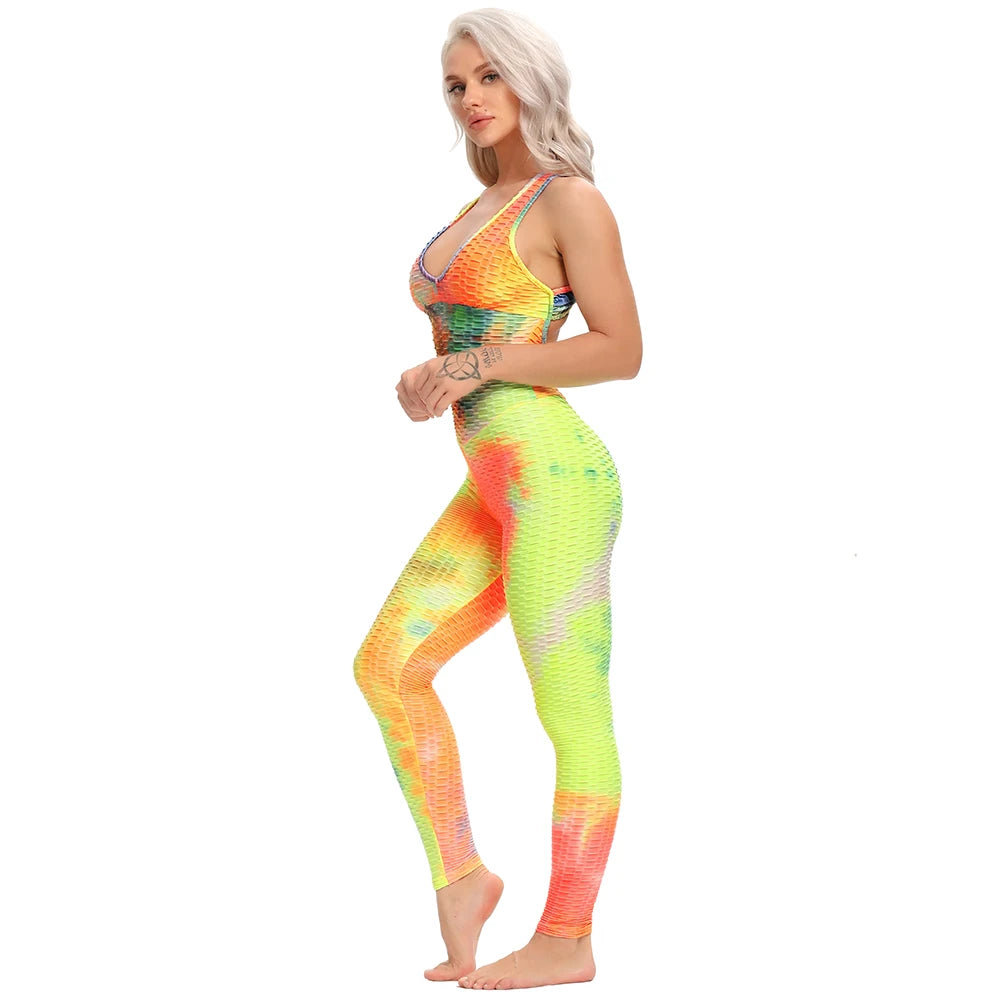 INFILAR Sleevelss Women Sport Jumpsuits Backless Crossciss Strap One Piece Sets Fitness Yoga Pants Tie Dye Bodysuit Women Romper