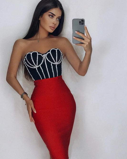 Red Black Ladies HL Bandage Dress Strapless Sexy 2 Pieces Bodycon Mini Dress Off the Shoulder Girls' Birthday Party Dress