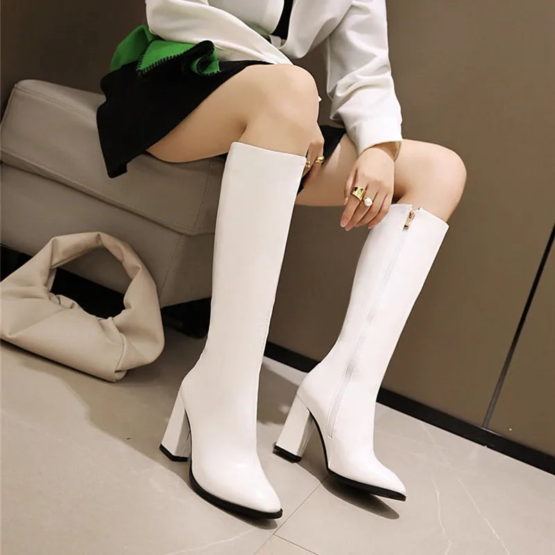 Elegant Knee High Boots Women 2024 Autumn Winter Women's High Boots Zipper Heels White Green Long Shoes Ladies Large Size 48