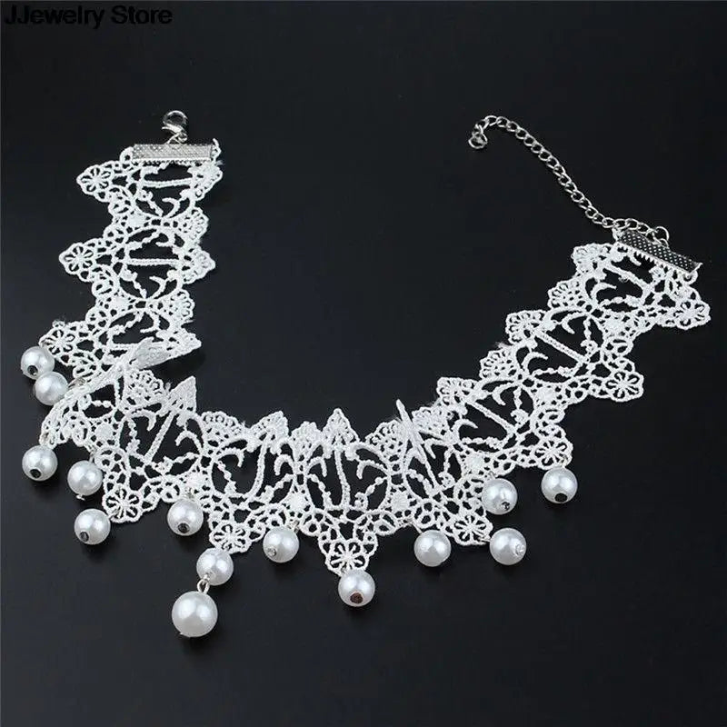 Fashion Elegant Vintage Imitation Pearl White Lace Statement Choker Necklaces Bridal Jewelry For Women Wedding Silver