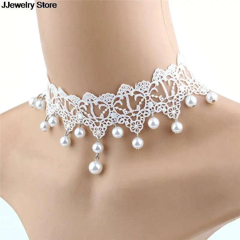 Fashion Elegant Vintage Imitation Pearl White Lace Statement Choker Necklaces Bridal Jewelry For Women Wedding Silver