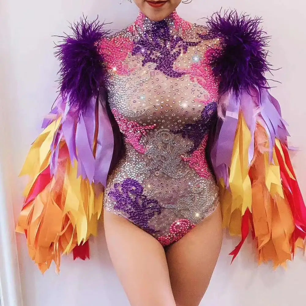 Fashion Stage Wear Ribbon Strip Feather Sleeve Rhinestone Bodysuit Women Nightclub Bar Party Outfit Performance Dance Costume