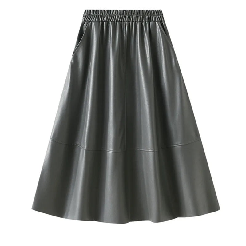 Neophil Korean Style Latex Sarong Women Winter Skirts Solid 2023 Retro Pu Faux Leather Umbrella Pockets Gray Midi Skirt S211101