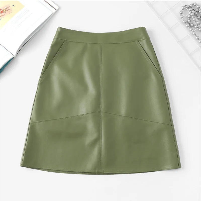 Autumn New Fashion Fashion Women Women PU Salia Couro Casual Cintura Mini-Salia Senhoras A-line Saias curtas Cinzenas pretas verde cinza