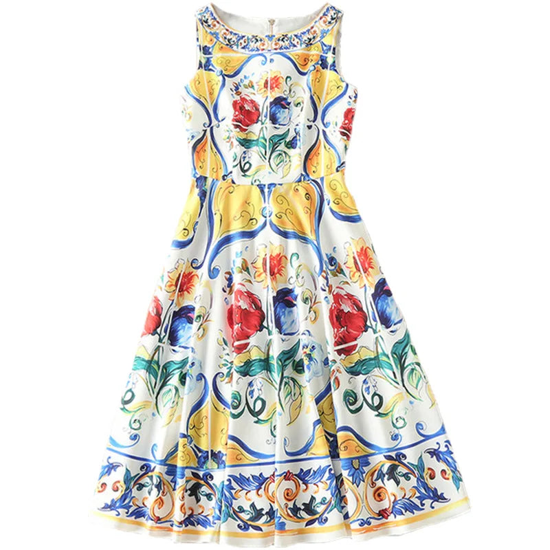 Luxury Designer Fashion Women's  Midi Dress WIth Multicolor Floral Print Summer Clothing  for Holiday Party Vacation 2024