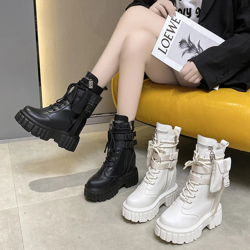 Winter Warm Ankle Boots for Women Leather Short Boots Round Toe High Platform Fur Motorcycle Boots Thick Heel Sneakers Shoe 10cm