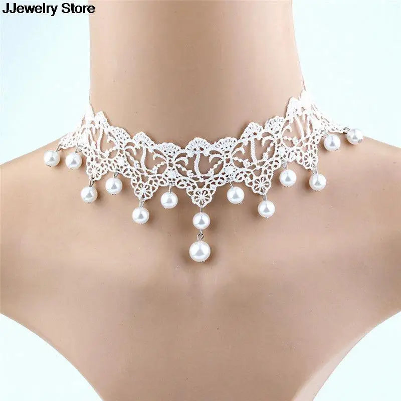 Fashion Elegant Vintage Imitation Pearl White Lace Statement Choker Necklaces Bridal Jewelry For Women Wedding Silver