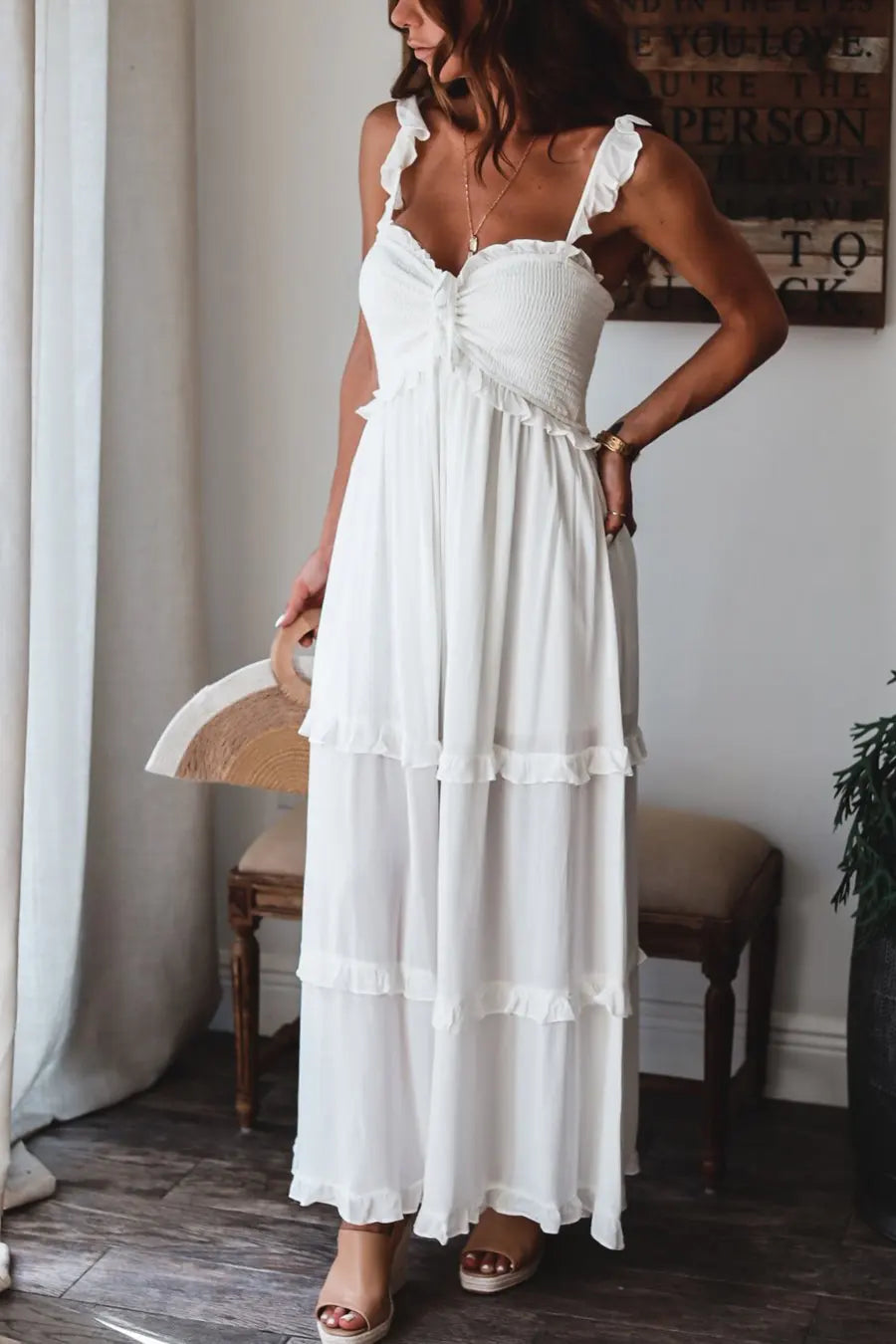 Summer Solid Tunic Women Maxi Dress V Neck Female Elegant Ruffles Party Long Dresses Beach Spaghetti Strap Casual Sundress